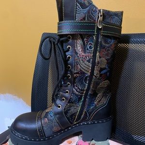 Embroidered Calico Print, Laced Up, Side Zipper, Mid-Calf boots